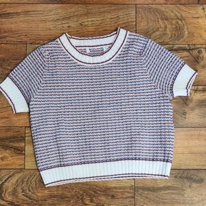 Striped Knit Short Sleeve Sweater, Size L